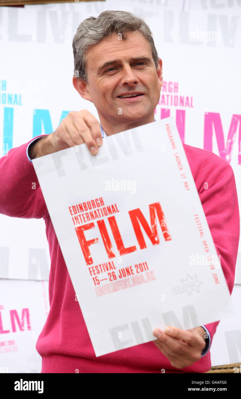 Edinburgh International Film Festival director James Mullighan launches the festival with an announcement of films and events from Bristo Square, Edinburgh. Stock Photo