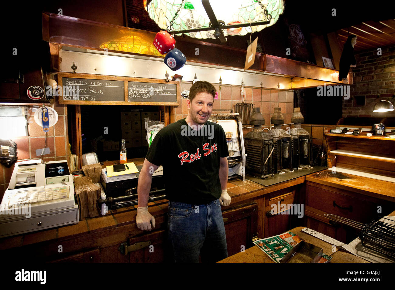 Jeff Lassen, Louis' great grandson, poses at Louis' Lunch  hamburgers joint in New Haven, CT, USA, 26 May 2009. Stock Photo