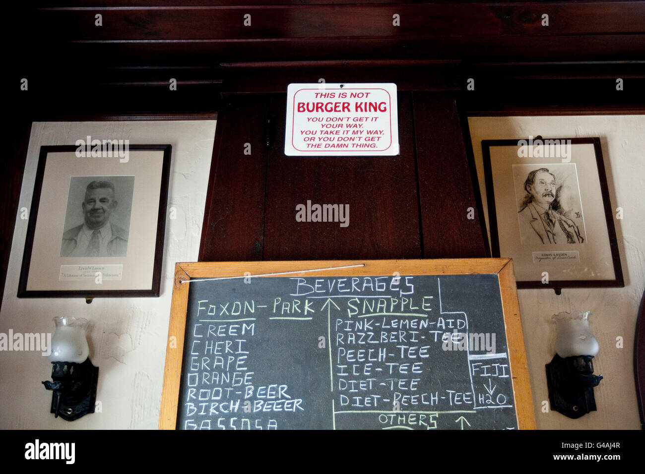View of a list of drinks on a wall at Louis' Lunch landmark hamburger joint in New Haven, CT, USA, 26 May 2009. Stock Photo