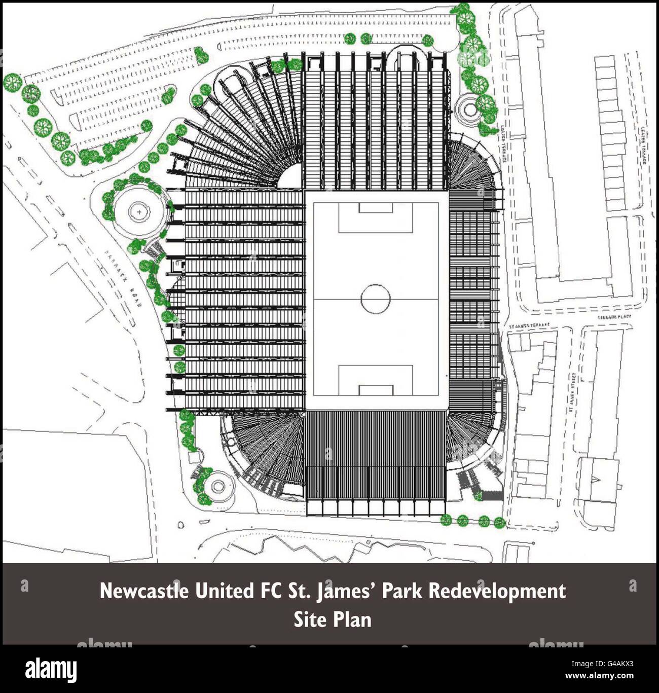 The site plan of Newcastle United FC's planed expansion to St James' Park stadium. The 42 million expansion will see the ground's capacity increase from 36,800 to 51,000. It is hoped that building work, which will extend the existing Milburn Stand, North West Corner and Sir John Hall Stand, will be finished by the 2000/01 football season. Stock Photo