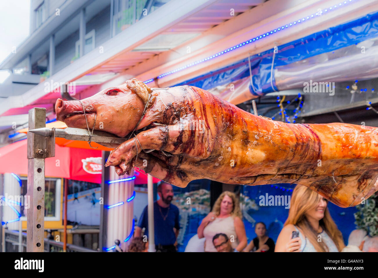 Roasting pig on a spit. talian Day, Commercial Drive, Vancouver, British Columbia, Canada Stock Photo