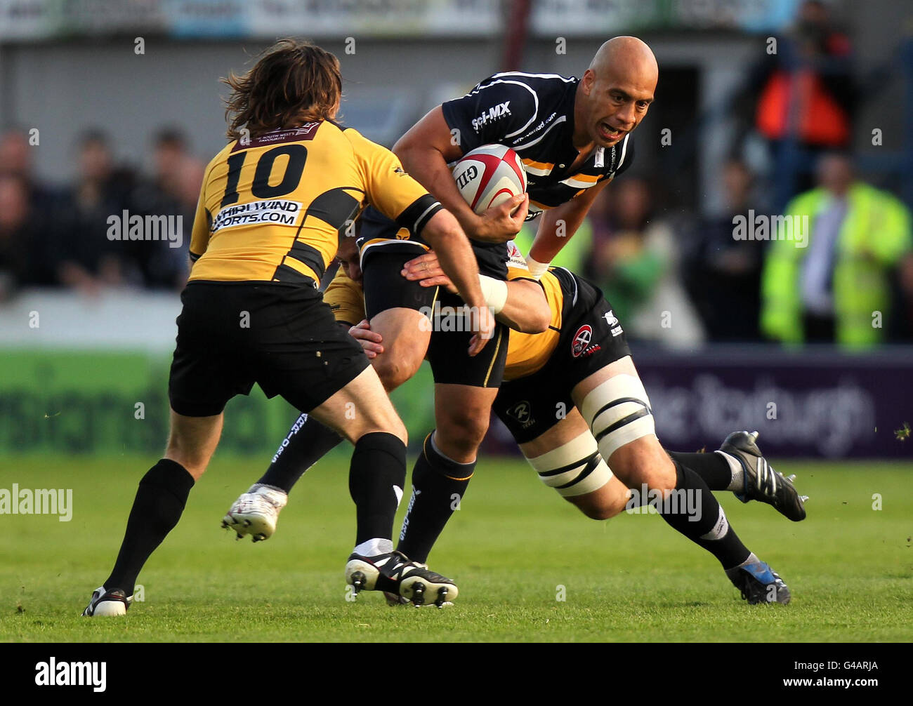 Worcester's Dale Rasmussen is tackled by Cornish Pirates's Chris Morgan during the Championship Final at Sixways Stadium, Worcester. Stock Photo