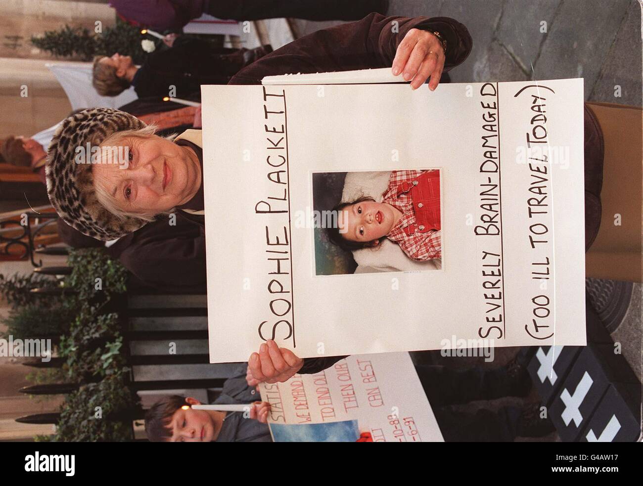 Dilly Foster, Grandmother of Sophie Plackett, from Bradnigh, Devon, one of dozens of children, who died or were brain damaged following heart surgery at Bristol Royal Infirmary, outside the General Medical Council in London today (Wednesday) to demand a public inquiry into her case. The demonstration was staged to coincide with the first day of evidence by James Wisheart, a senior cardiac consultant who is accused of serious professional misconduct at the hospital. See PA story GMC Surgeon. Photo Michael Stephens/PA Stock Photo
