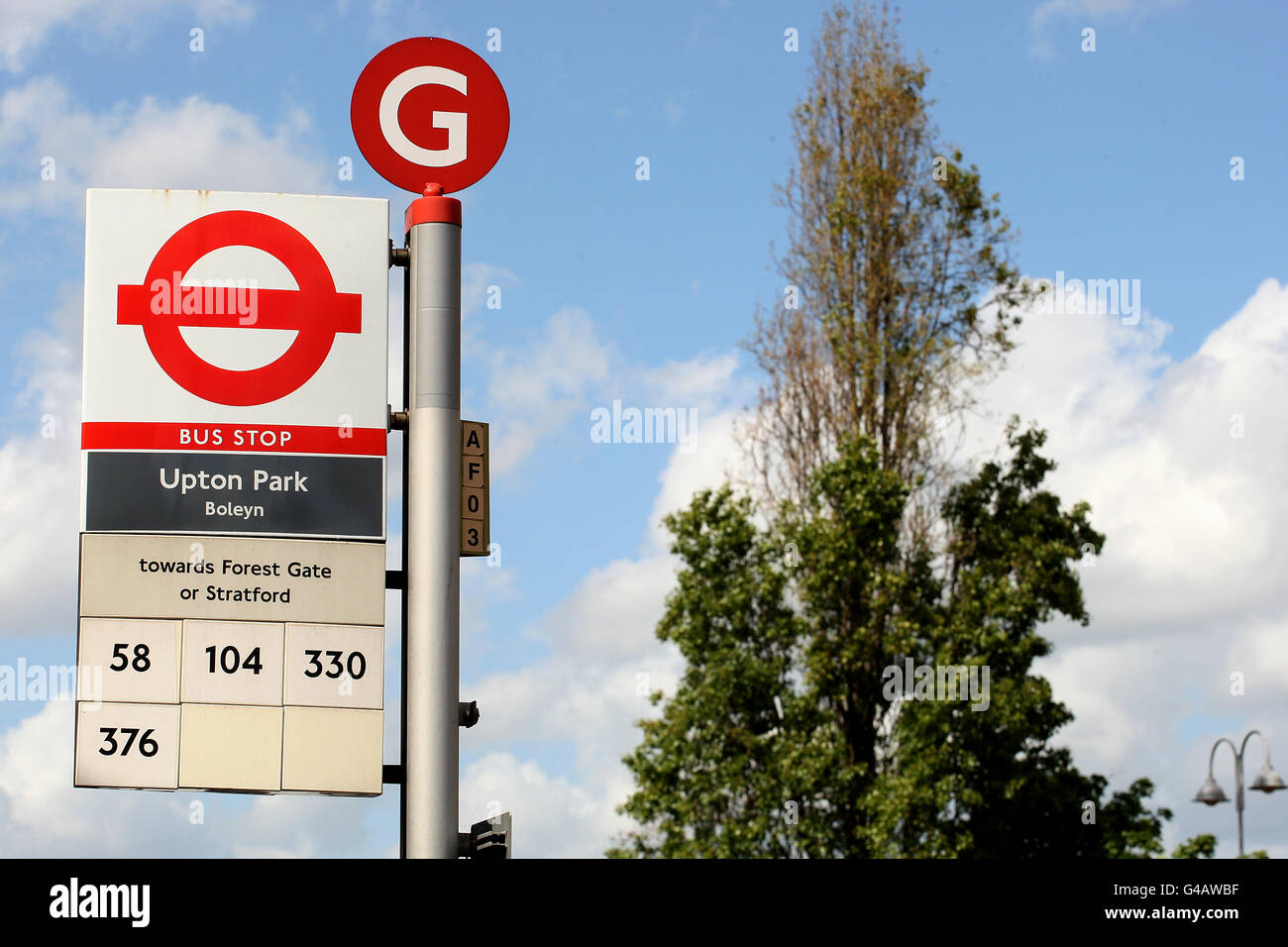 The bus stop sign for Upton Park, outside the Boleyn Ground, home of ...