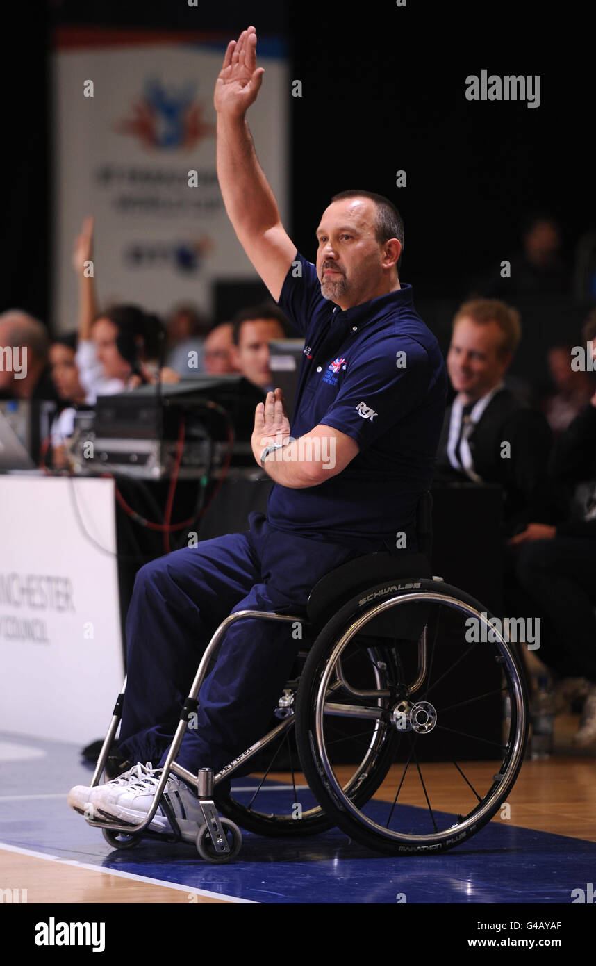 Great Britain Women's Wheelchair basketball coach Garry Peel on the touchline during their match