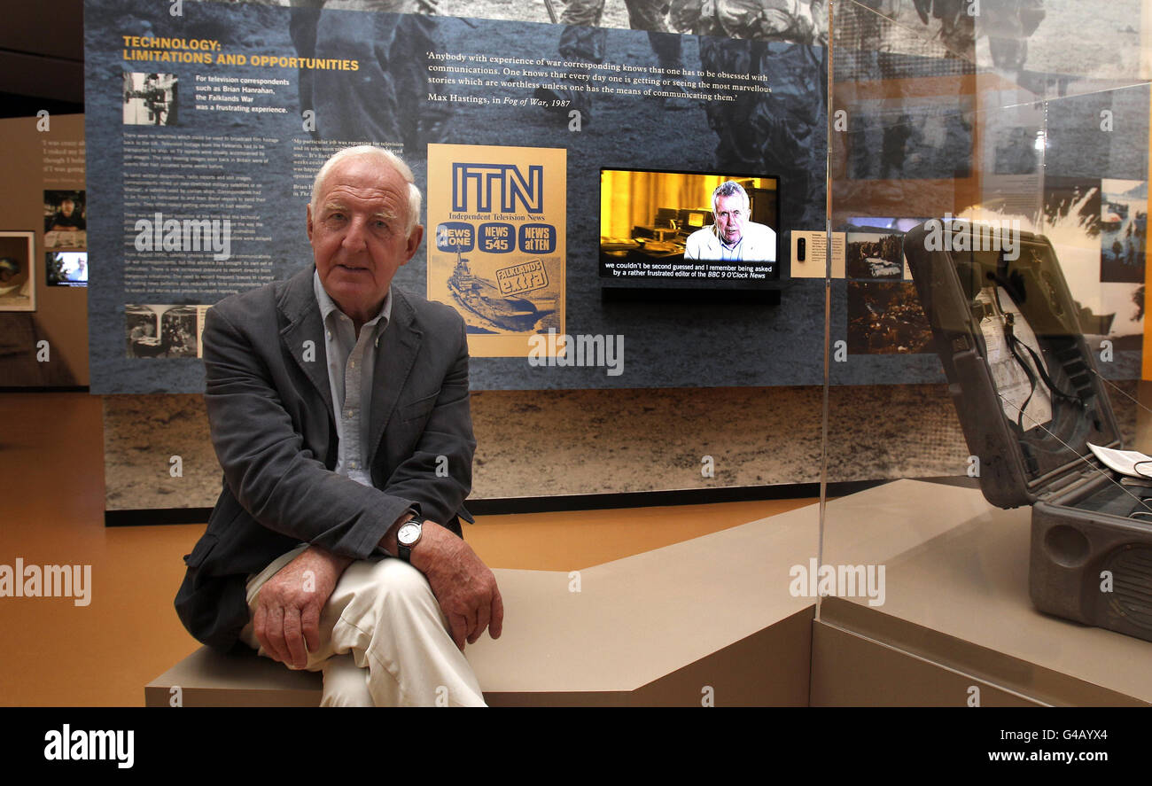 Former ITN reporter Michael Nicholson at the exhibition profiling the work of war correspondents from 1914 onwards at the Imperial War Museum North in Manchester. Stock Photo