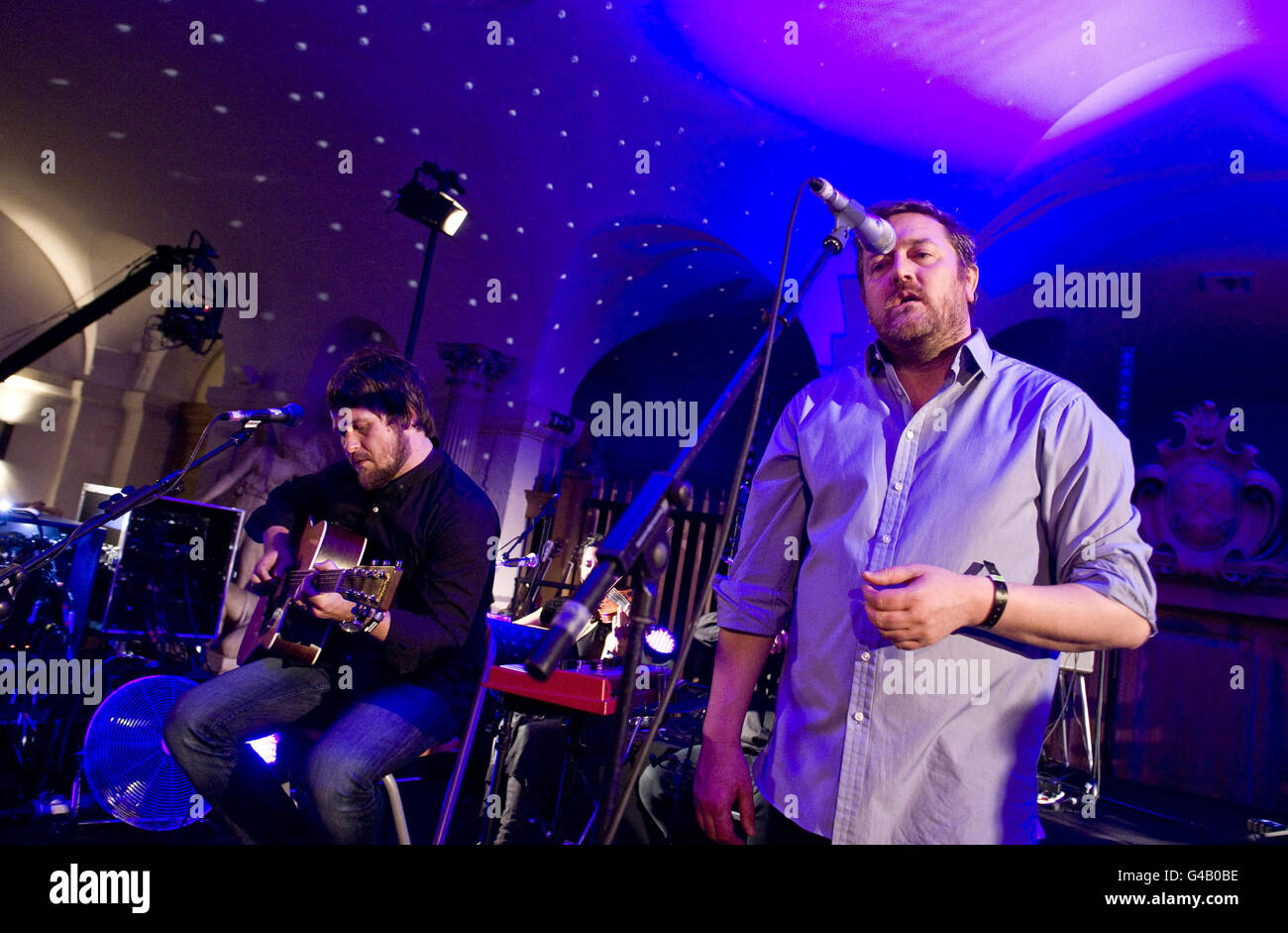 Guy Garvey and Mark Potter (left) during Elbow's live set in the Crypt