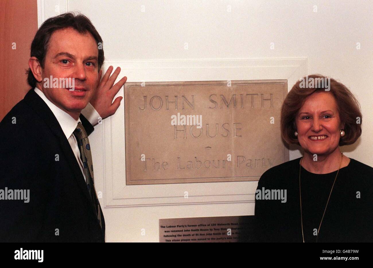 Baroness Smith joins Prime Minister Tony Blair at the Labour Party's newly completed offices at Millbank Tower in London today (Tuesday) to unveil the re-located plaque dedicated to her late husband and former Party leader, John Smith, which has been moved from the previous head office at Walworth Road. Pool photo by Adam Butler/PA Stock Photo