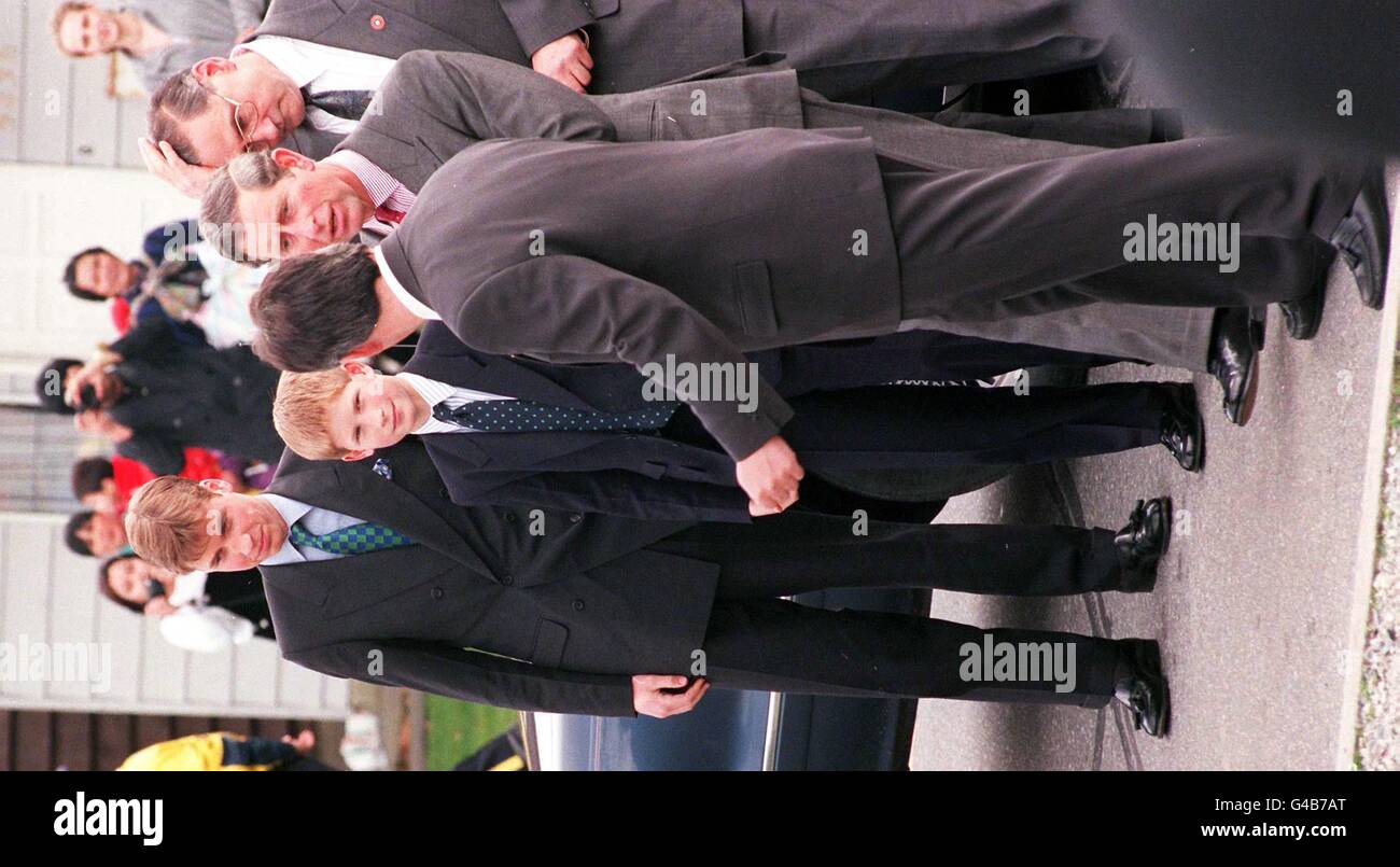 Prince William (left) and Harry (centre facing) the two sons of Britains Prince of Wales (2nd right) are greeted upon their arrival for a visit to the Burnaby South Secondary School in Canada today (Tuesday). Photo by John Stillwell/PA. Stock Photo