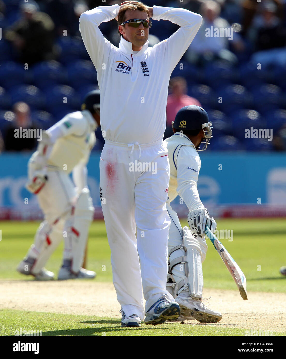 England's Graeme Swann shows his frustration during day two of the npower First Test at the SWALEC Stadium, Cardiff. Stock Photo
