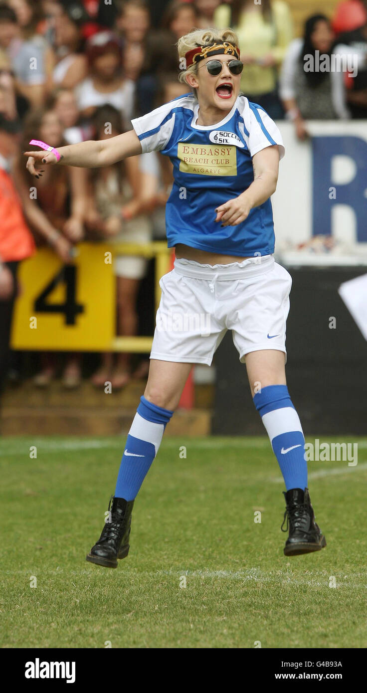 Katie Waissel takes part in the annual Celebrity Soccer Six event, at Charlton Athletic FC, in south east London. Stock Photo