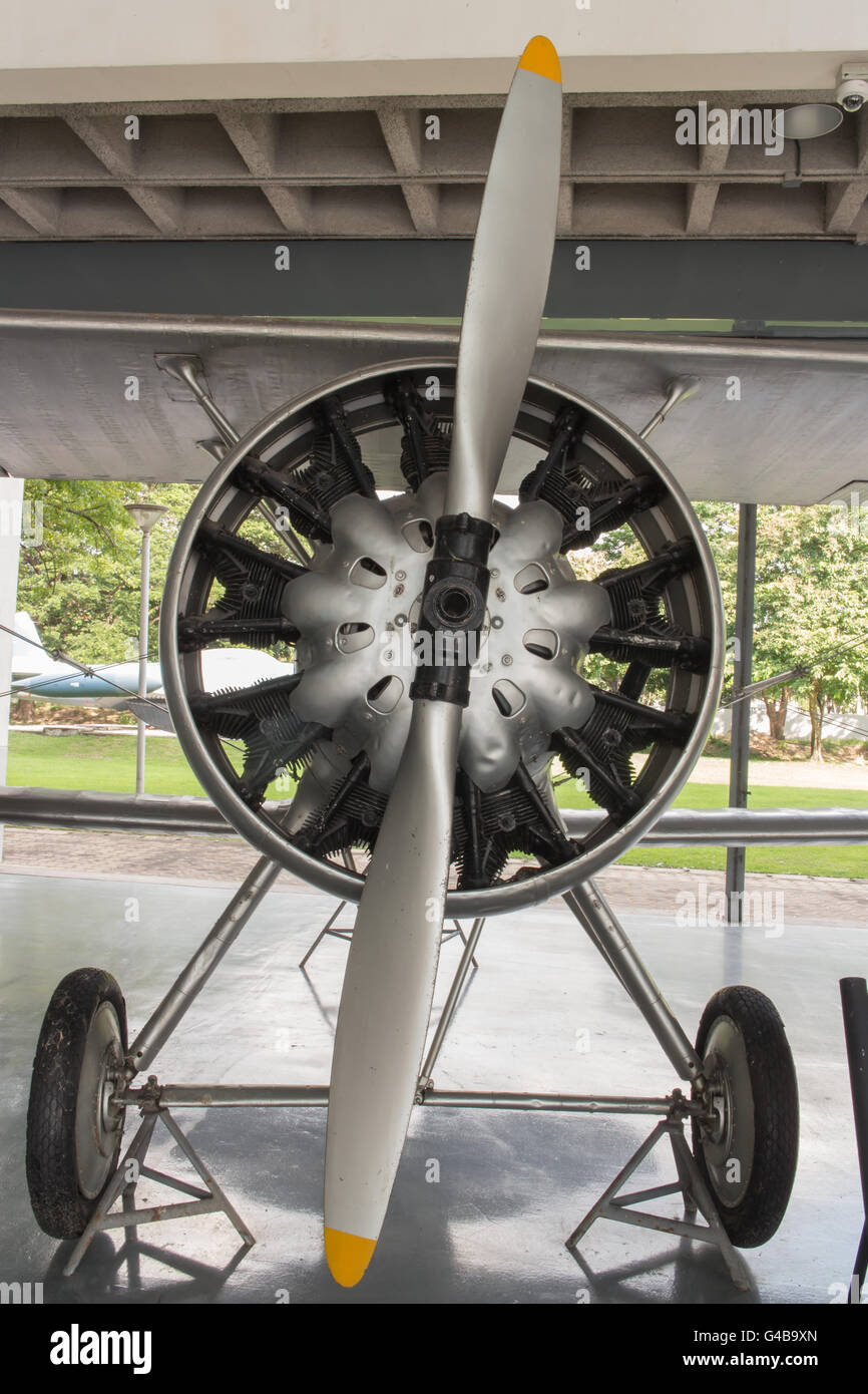 Frontal view of a vintage aircraft shows the engine and propeller Stock ...