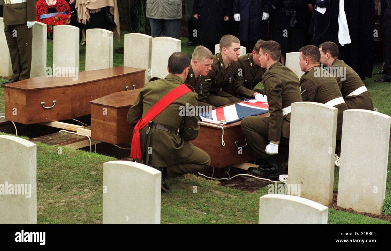 The 3rd coffin of the three British solider's killed in the 1st World war, is placed in position at the Monchy le Preux cemetary, just outside Arras northern France this morning (Wednesday). See PA Story DEFENCE Graves. PHOTOGRAPH BY JOHN STILLWELL/PA. Stock Photo