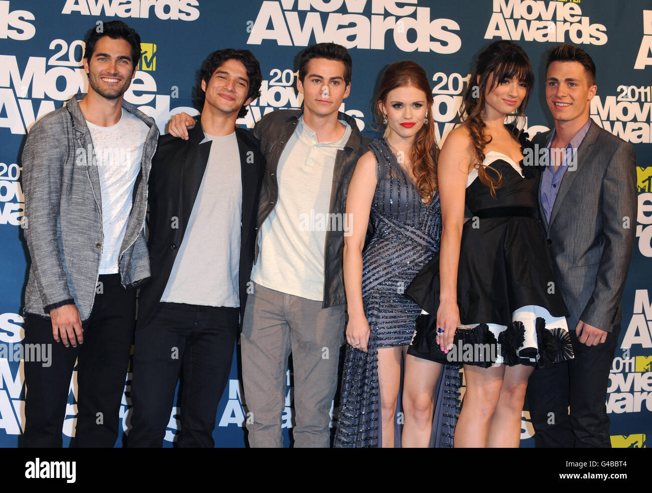 The cast of television series Teen Wolf (from left to right) Tyler Hoechlin, Tyler Posey, Dylan O'Brien, Holland Roden, Crystal Reed and Colton Haynes at the MTV Movie Awards 2011 at the Gibson Amphitheatre in Universal City, Los Angeles. Stock Photo