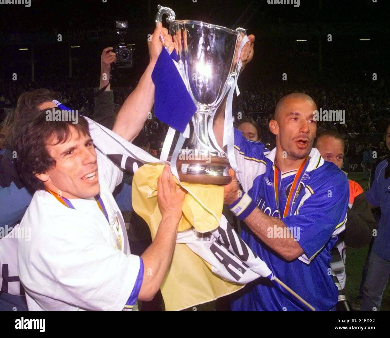 Chelsea Teammates Gianfranco Zola Left And Gianluca Vialli Hold Up The