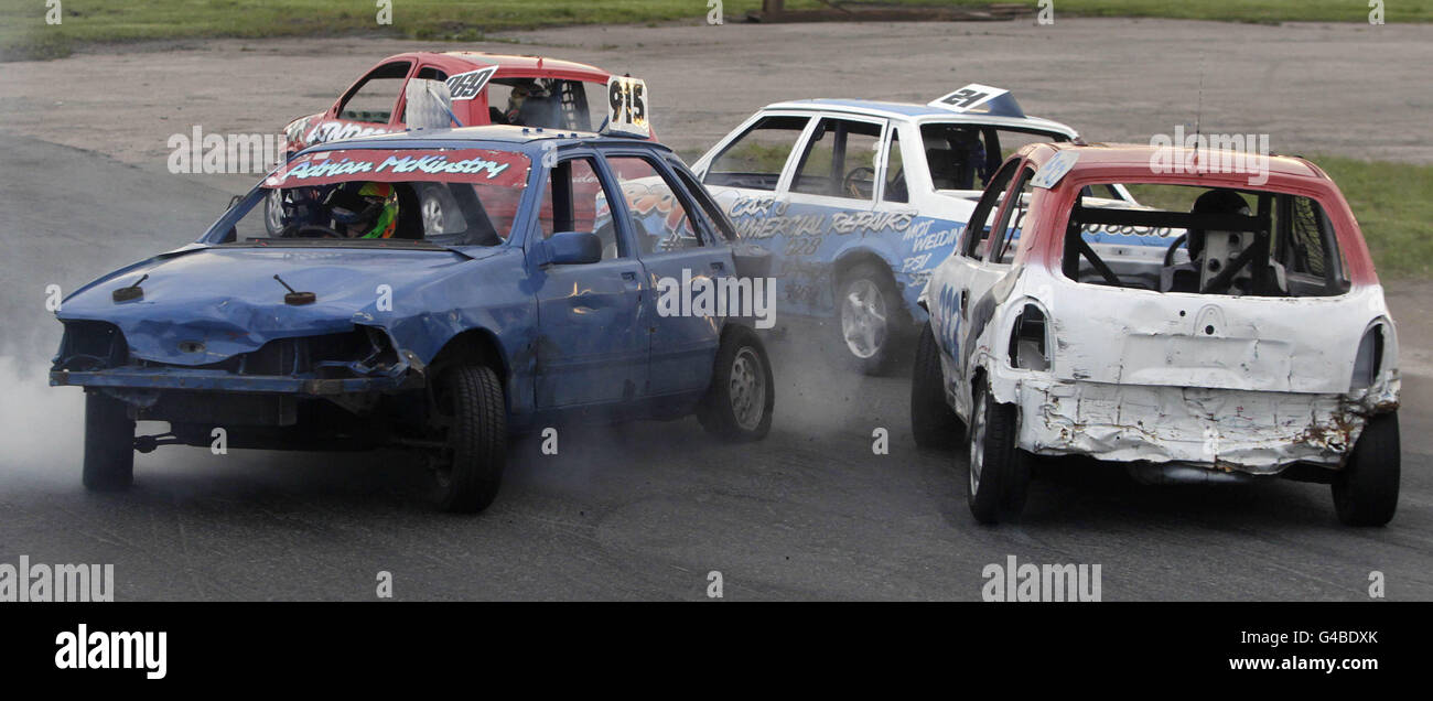Car collide in the opening heat of the prostock stock car racing event at Nutts Corner in