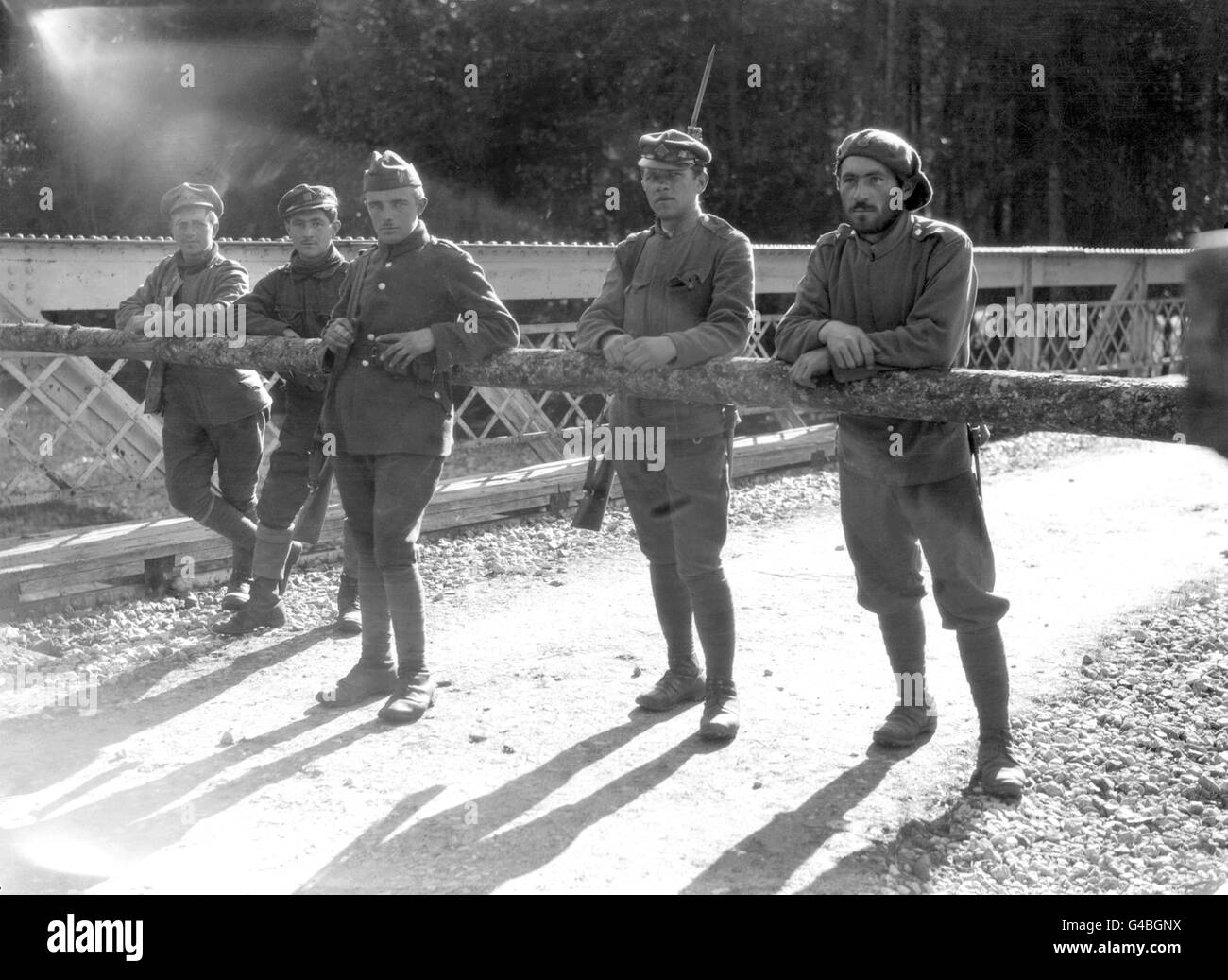 Czechoslovak Army guards and a former member of the famous Czech Legion (right, wearing beret) on duty at the frontier between Czechoslovakia and Hungary. Stock Photo