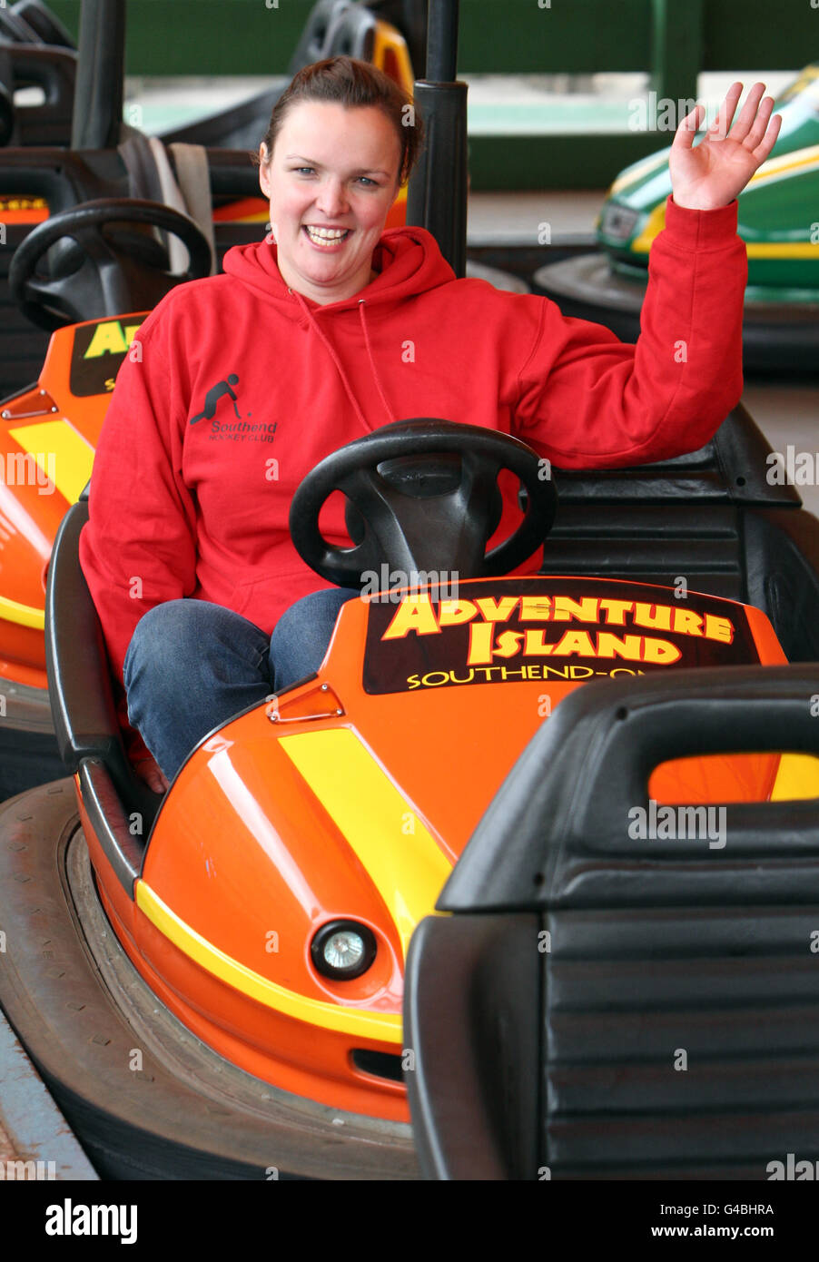 Recruitment Consultant Laura Byng, 28, from Southend, breaks The World Record for the longest Dodgem Car Marathon at Adventure Island in Southend on Sea. Stock Photo