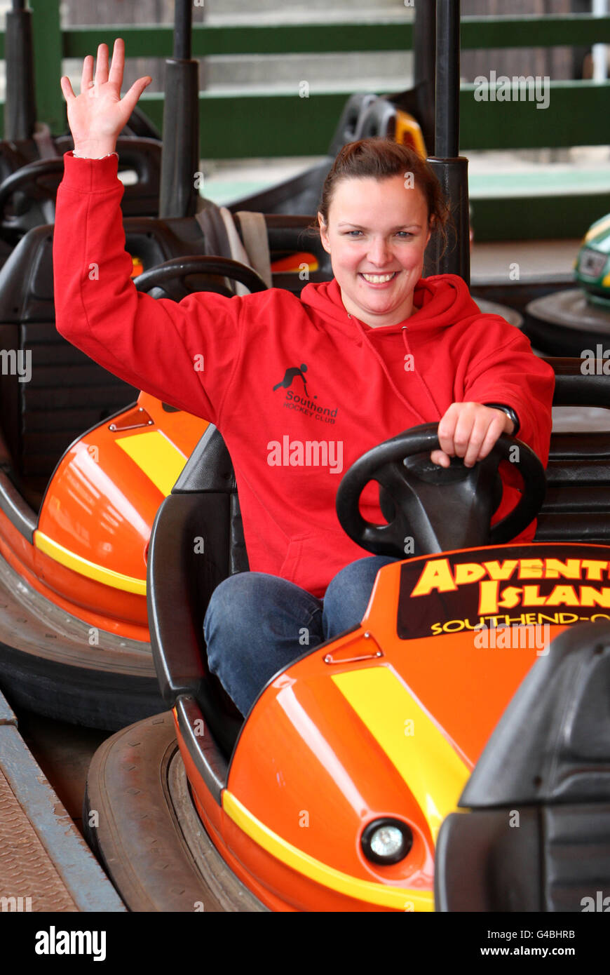 Recruitment Consultant Laura Byng, 28, from Southend, breaks The World Record for the longest Dodgem Car Marathon at Adventure Island in Southend on Sea. Stock Photo