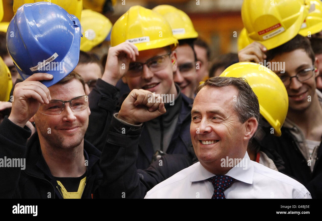 Defence Secretary Liam Fox during a visit to the BAE Systems shipyard in Govan, Scotland. Stock Photo