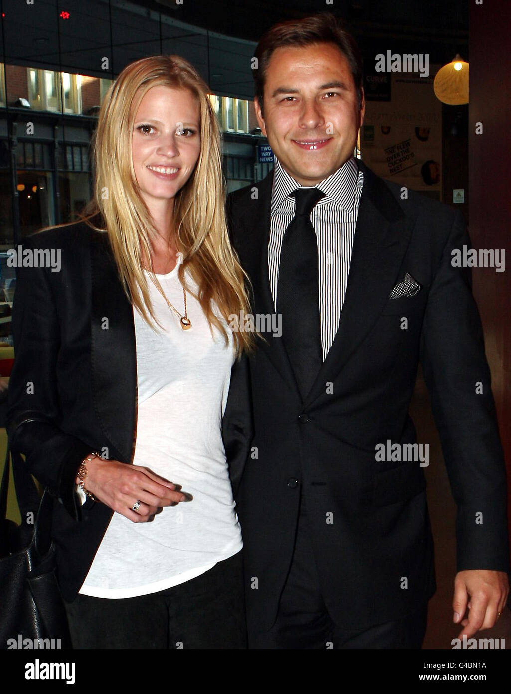 David Walliams and his wife Lara Stone arrive for a performance of 'Mr Stink' at the Curve Theatre, Leicester this evening. Stock Photo