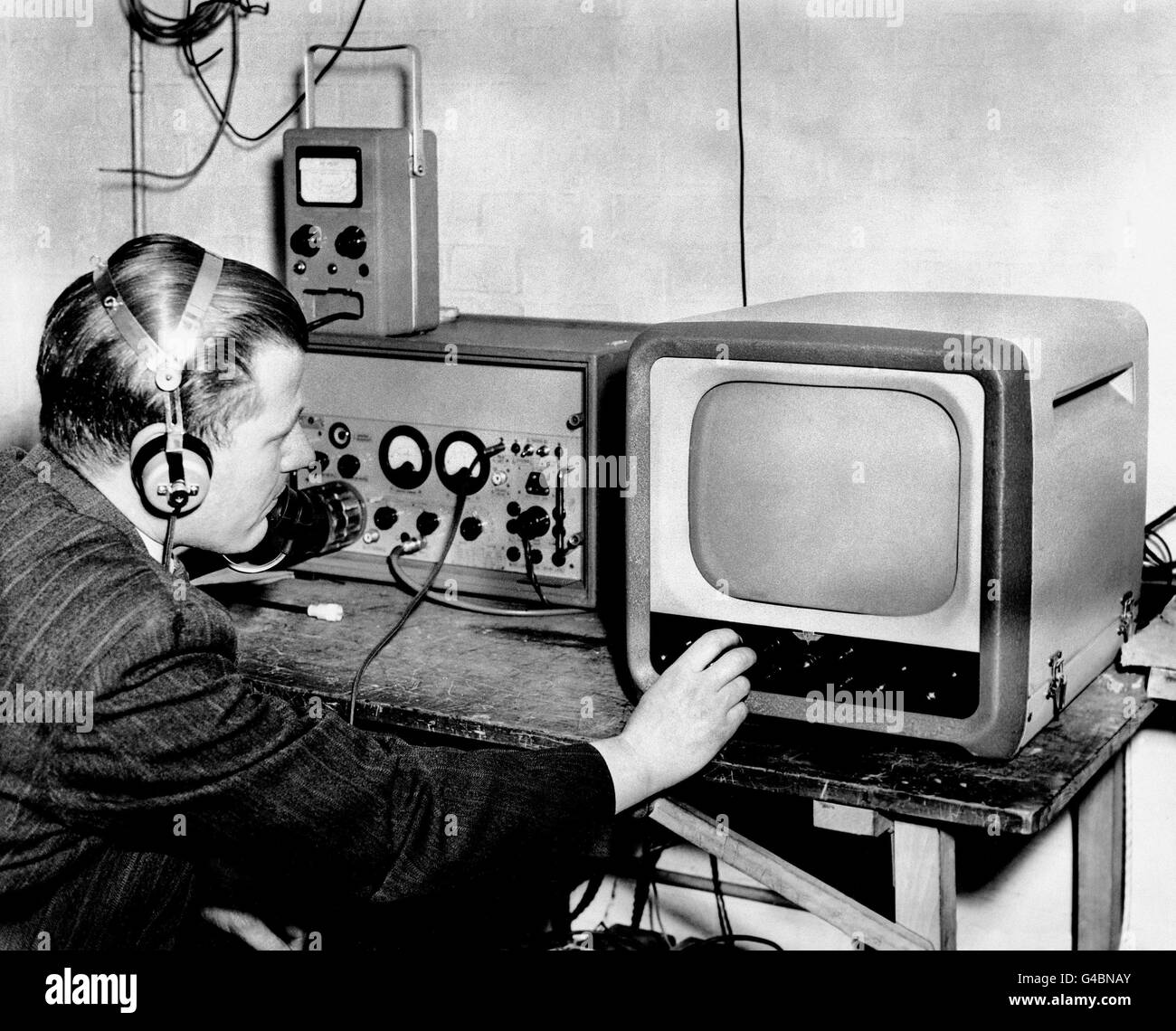 The transmitter control station at Senate House, London, showing the portable transmitter control unit. The Coronation of Queen Elizabeth II is making history for television with the transmission of live pictures from London to the Continent of Europe of the ceremony and the London processions. Stock Photo
