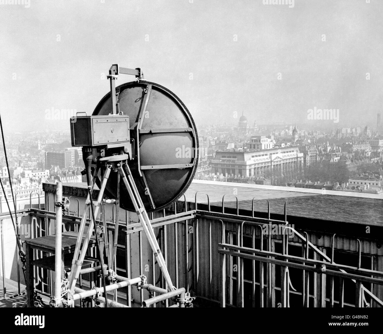 The antenna assembly of the transmitter on the roof of Senate House, London. From here television signals are transmitted to Wrotham in Kent, the first link en route to Cassel in France. The Coronation of Queen Elizabeth II is making history for television with the transmission of live pictures from London to the Continent of Europe of the ceremony and the London processions. Stock Photo