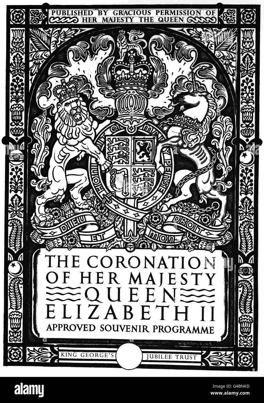 The cover design, to be embossed and coloured, of the approved Souvenir Programme of the Coronation to be issued by King George's Jubilee Trust. Stock Photo