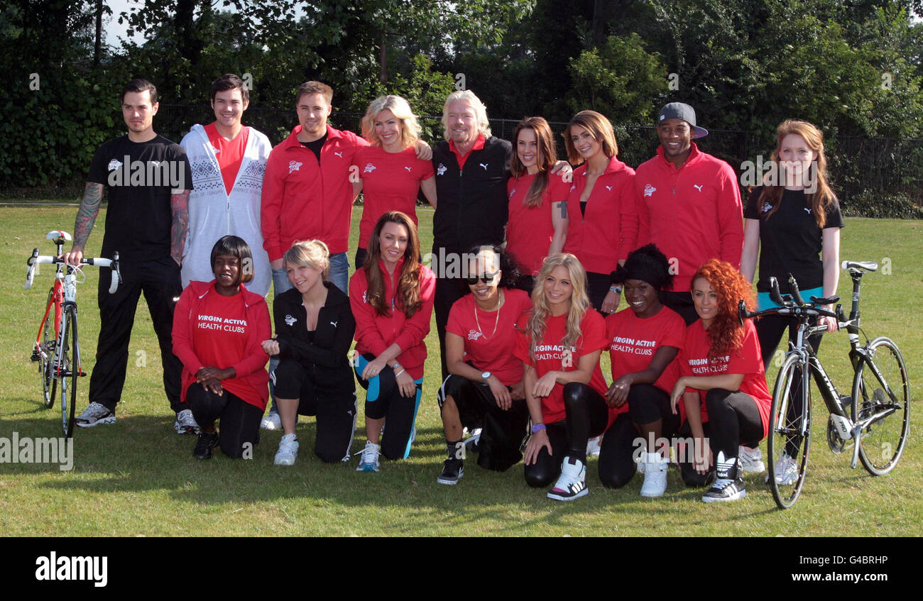 Sir Richard Branson with celebrities including Matt Willis (left), Nell McAndrew (fourth left), Melanie C (fourth right), Liz Locke (third right), Orits&eacute; Williams (second right), Chloe Madeley (front, second left) and Michelle Heaton (front, third left) launch the Virgin Active London Triathlon in west London. Stock Photo