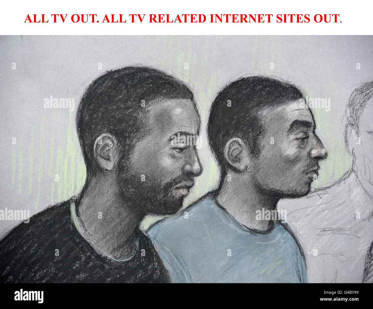 ALL TV OUT. ALL TV RELATED INTERNET SITES OUT. Artist impression by courts artist Elizabeth Cook of Kevin Liverpool, 33, (left) and Junior Bradshaw, 30, at Exeter Magistrates' Court where they were remanded in custody and charged with conspiracy to commit grievous bodily harm and conspiracy to commit robbery. Stock Photo
