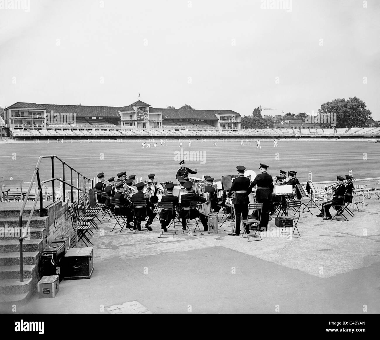 Cricket - Royal Artillery v Royal Engineers - Lord's. The band of the Royal Engineers playing at Lord's with the match in progress. Stock Photo