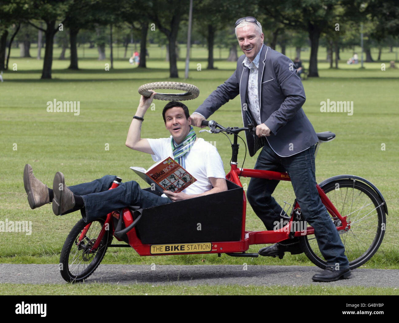 Scottish design duo Colin and Justin in Edinburgh as they test their bikes in preparation for Bike Week which starts from June 16 with 250 events taking place across Scotland. Stock Photo