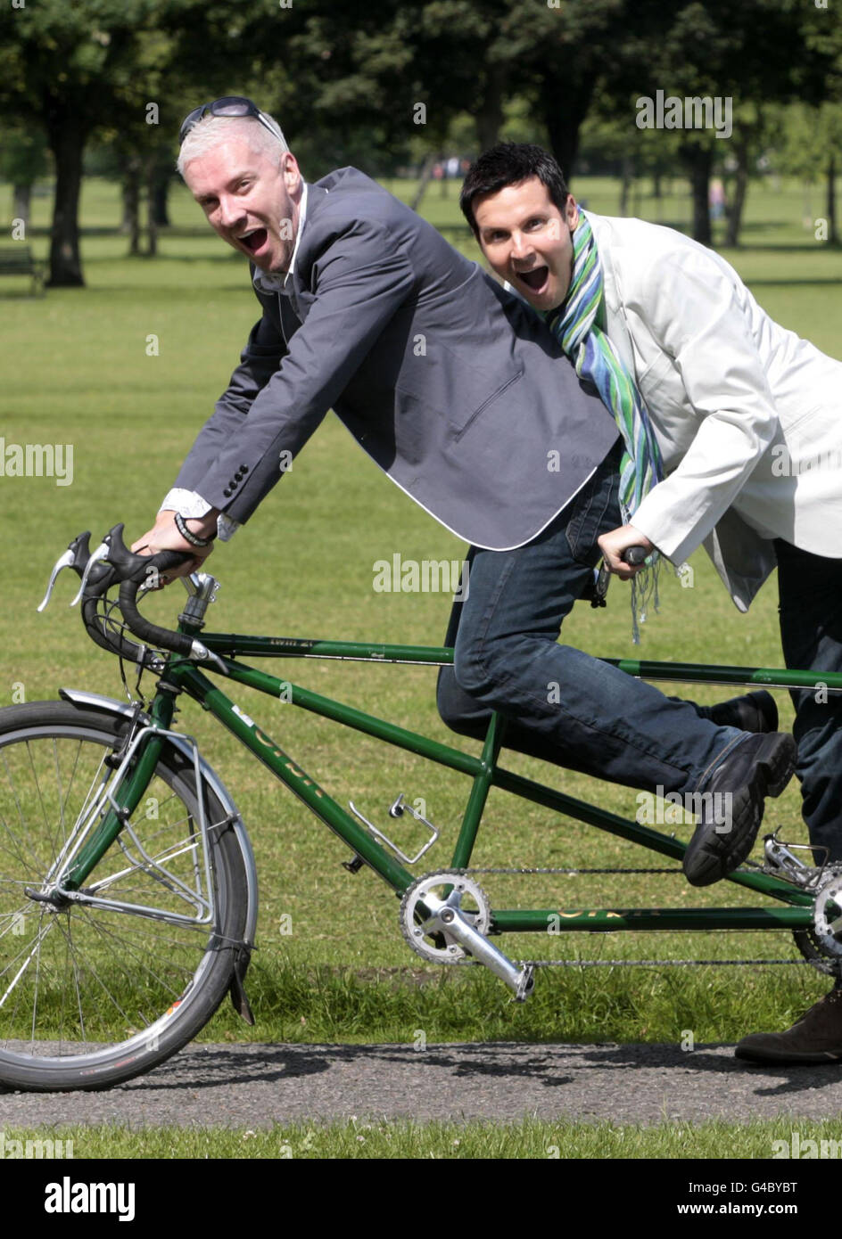 Scottish design duo Colin and Justin in Edinburgh as they test their bikes in preparation for Bike Week which starts from June 16 with 250 events taking place across Scotland. Stock Photo