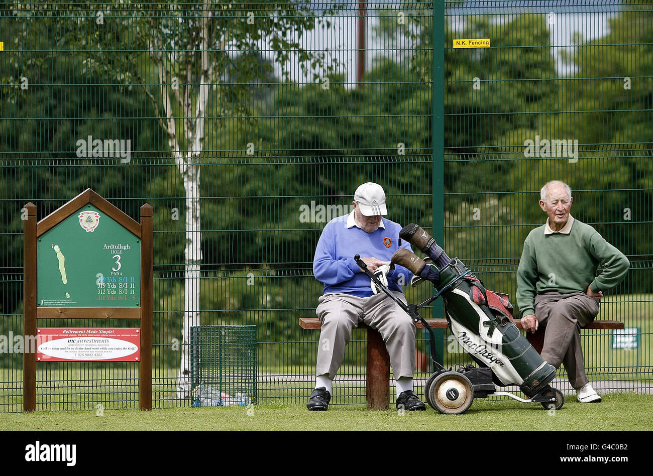 Members of Holywood Golf Club Holywood Golf Club in Co. Down, Northern  Ireland, the home club of US Open winner Rory McIlroy, rest at the 3rd tee  during their round of golf