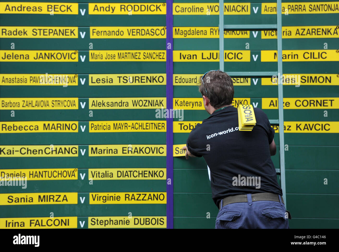 Players names are added to the order of play ahead of day two of the 2011 Wimbledon Championships at the All England Lawn Tennis Club, Wimbledon. Stock Photo