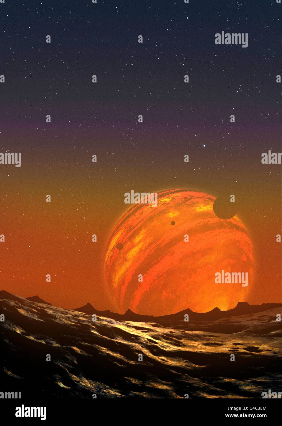 Illustration of a free-floating planet. PSO J318.5-22 is a planet in the constellation of Pictor, around 80 light-years from Earth. It is odd in that, unlike most extrasolar objects, it does not seem to be in orbit around a star - it is a free-floating planet measuring around 6.5 times the mass of Jupiter. Free floating planets such as these may result from being ejected from a protoplanetary disc dues to gravitation perturbations from other massive object. This planet has cloud bands like those of the gas giant Jupiter, but its clouds have temperatures exceeding 800 Celsius, resembling Stock Photo