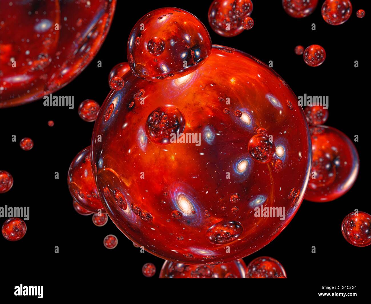 Bubble universes. Computer illustration of multiple 'bubble' universes as predicted by the Eternal Inflation theory. The inflationary theory proposes that after the Big Bang, a condition known as a false vacuum created a repulsive force that caused an incredibly rapid expansion, much faster than the ordinary expansion observed today. Since this expansion is faster than the speed of light, areas of inflation would form bubbles that would be completely isolated from each other. This artwork could also represent the creation of separate 'parallel' universes as fluctuations in a quantum foam. Stock Photo
