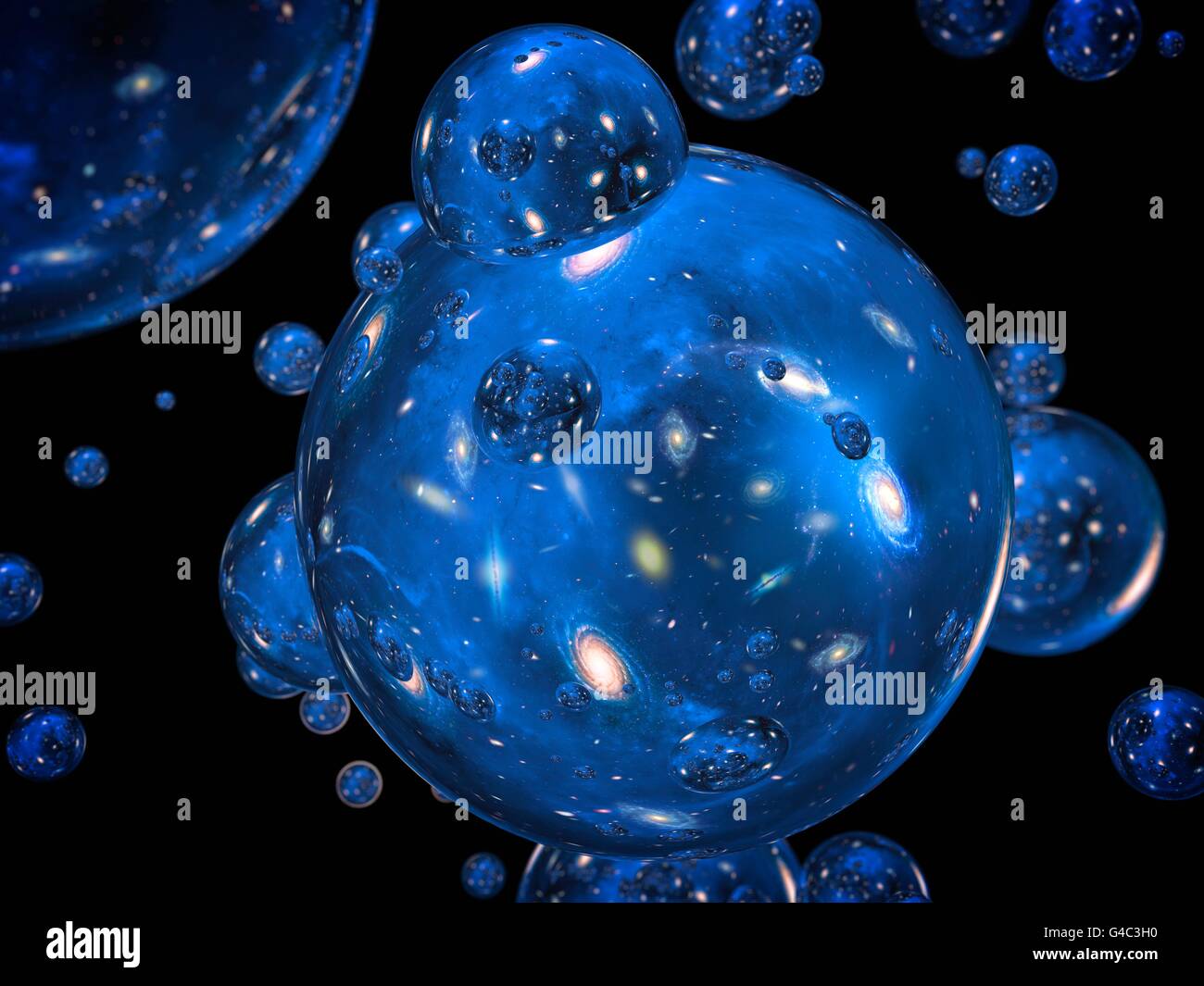 Bubble universes. Computer illustration of multiple 'bubble' universes as predicted by the Eternal Inflation theory. The inflationary theory proposes that after the Big Bang, a condition known as a false vacuum created a repulsive force that caused an incredibly rapid expansion, much faster than the ordinary expansion observed today. Since this expansion is faster than the speed of light, areas of inflation would form bubbles that would be completely isolated from each other. This artwork could also represent the creation of separate 'parallel' universes as fluctuations in a quantum foam. Stock Photo