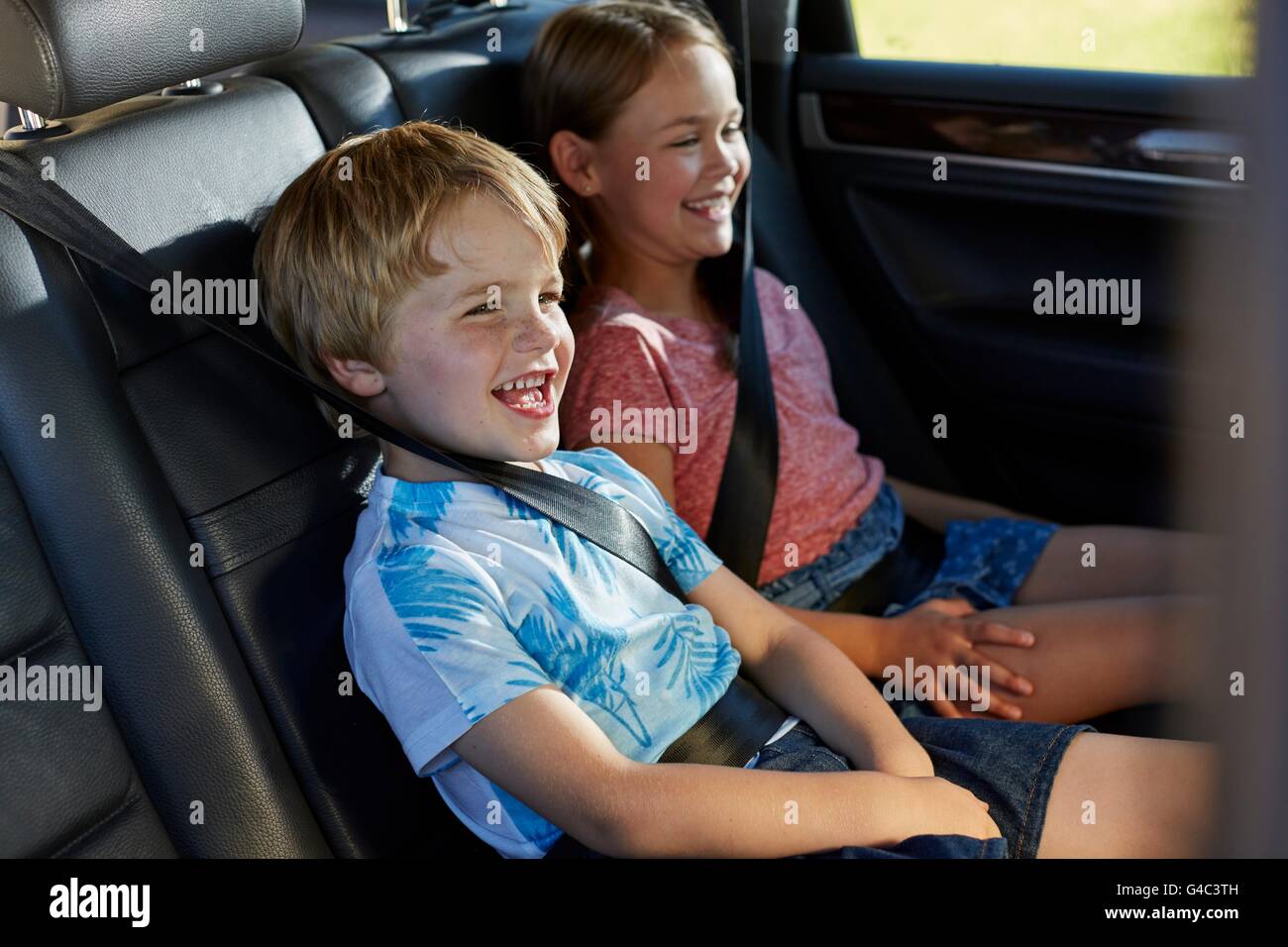 MODEL RELEASED. Brother and sister in the back seat of the car wearing seat belts. Stock Photo