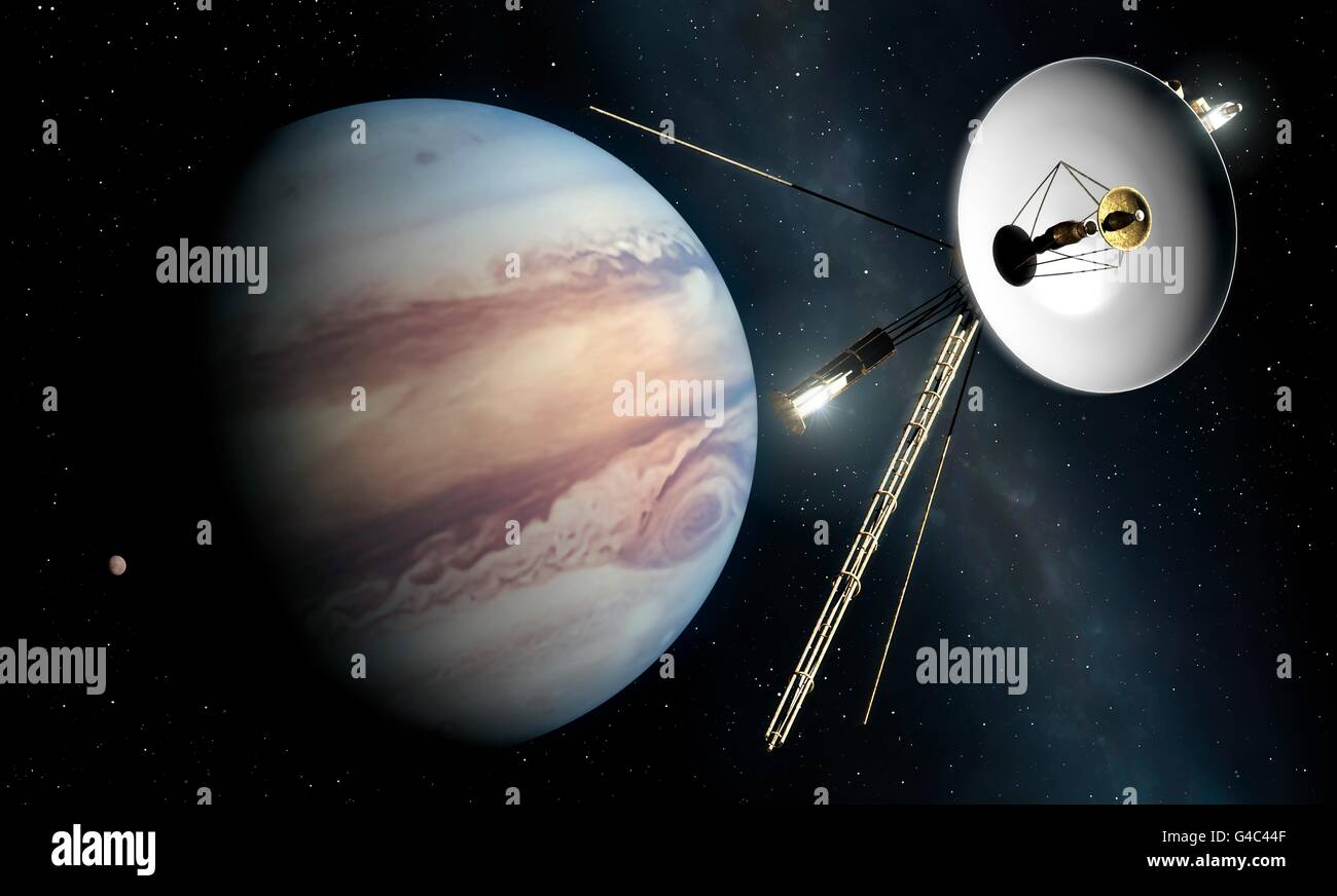 Voyager spacecraft at Jupiter, artwork. Two Voyager spacecraft (Voyager 1 and Voyager 2) were launched in 1977. This timing took advantage of a rare alignment of the giant outer planets Jupiter to Neptune, which made it possible for the spacecraft to visit them in a single mission. The probes successfully beamed images and scientific data back to Earth using their dish. Voyager 2 is currently 110 AU from the Earth â€“ one of the most distant man-made objects in space. In this illustration it is seen passing the planet Jupiter. Stock Photo