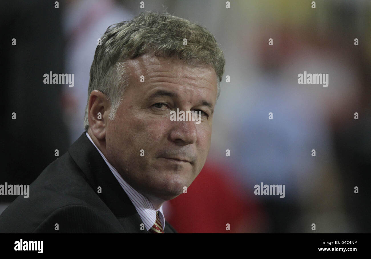 Macedonia manager Mirsad Jonuz during the Euro 2012 Qualifier at the Philip II Arena, Skopje, Macedonia. Stock Photo