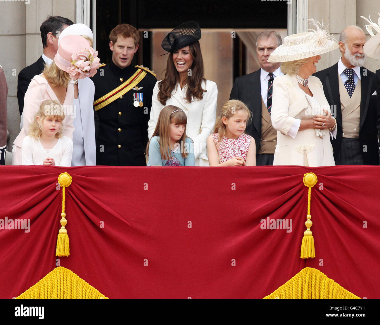 (From left to right) The Countess of Wessex, Prince Harry, The Duchess of Cambridge, the Duke of York, the Duchess of Cornwall, and Prince Michael of Kent on the balcony of Buckingham Palace, London, after attending Trooping the Colour, the Queen's annual birthday parade. Stock Photo