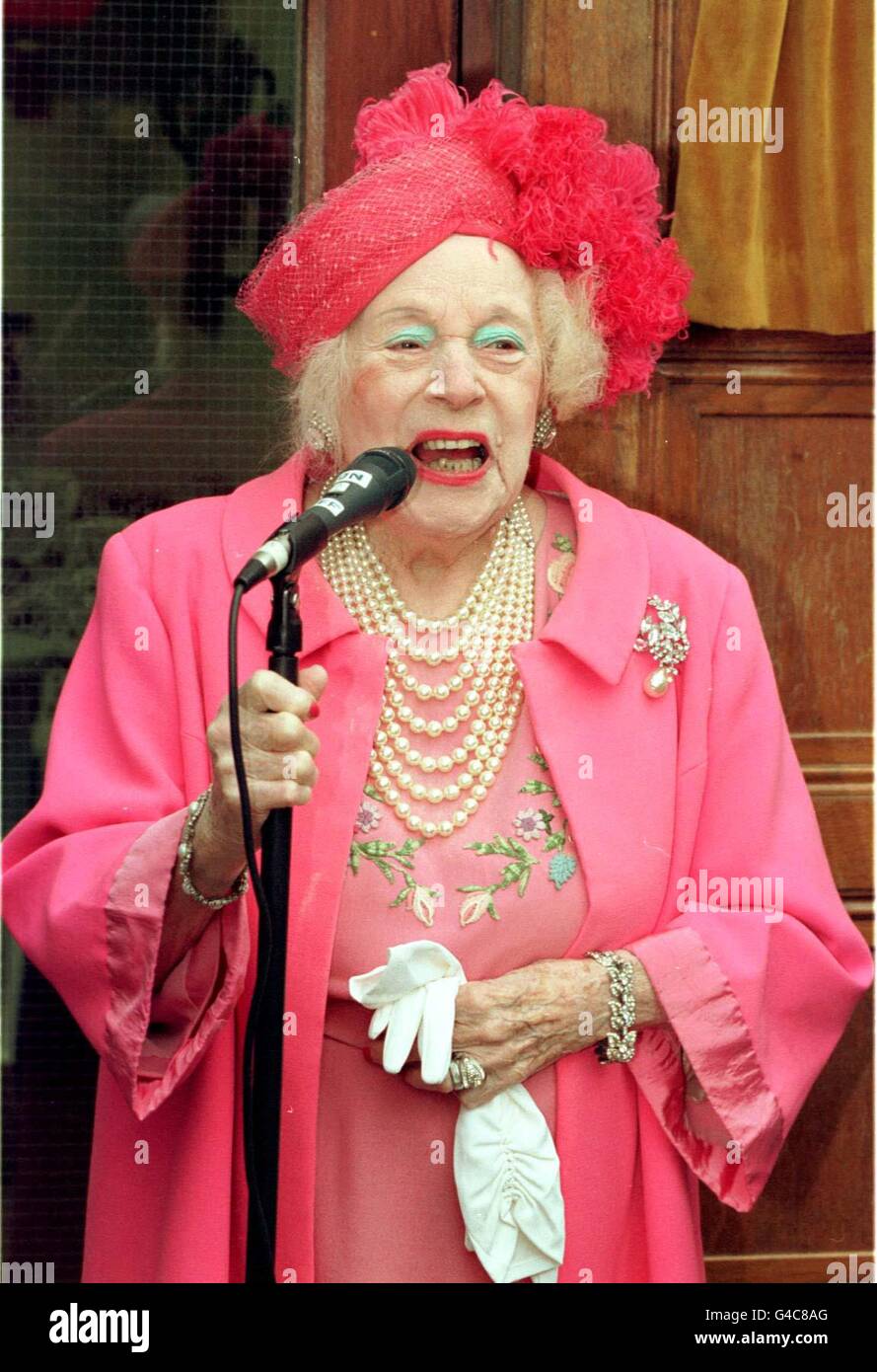 Romantic novelist, Dame Barbara Cartland, 97, speaks at the opening of 'The Pink Room' - an exhibition about herself created old friend Eric St John Forti at Heritage Hall in Downham Market in Norfolk today (Wednesday). Photo by Findlay Kember/PA Stock Photo