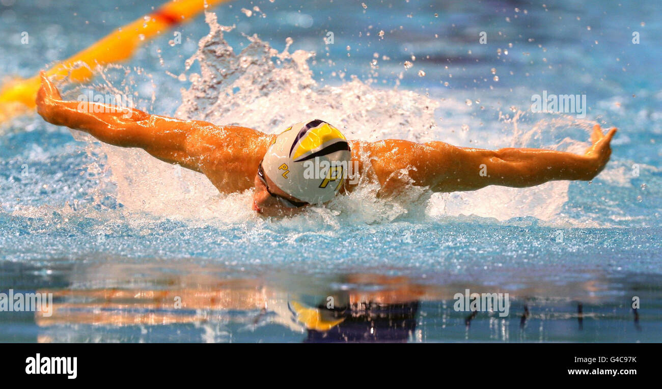 British swimmer Anthony James wins the final of the Mens Open 100m Butterfly during the ASA National Championships at Ponds Forge, Sheffield. Stock Photo