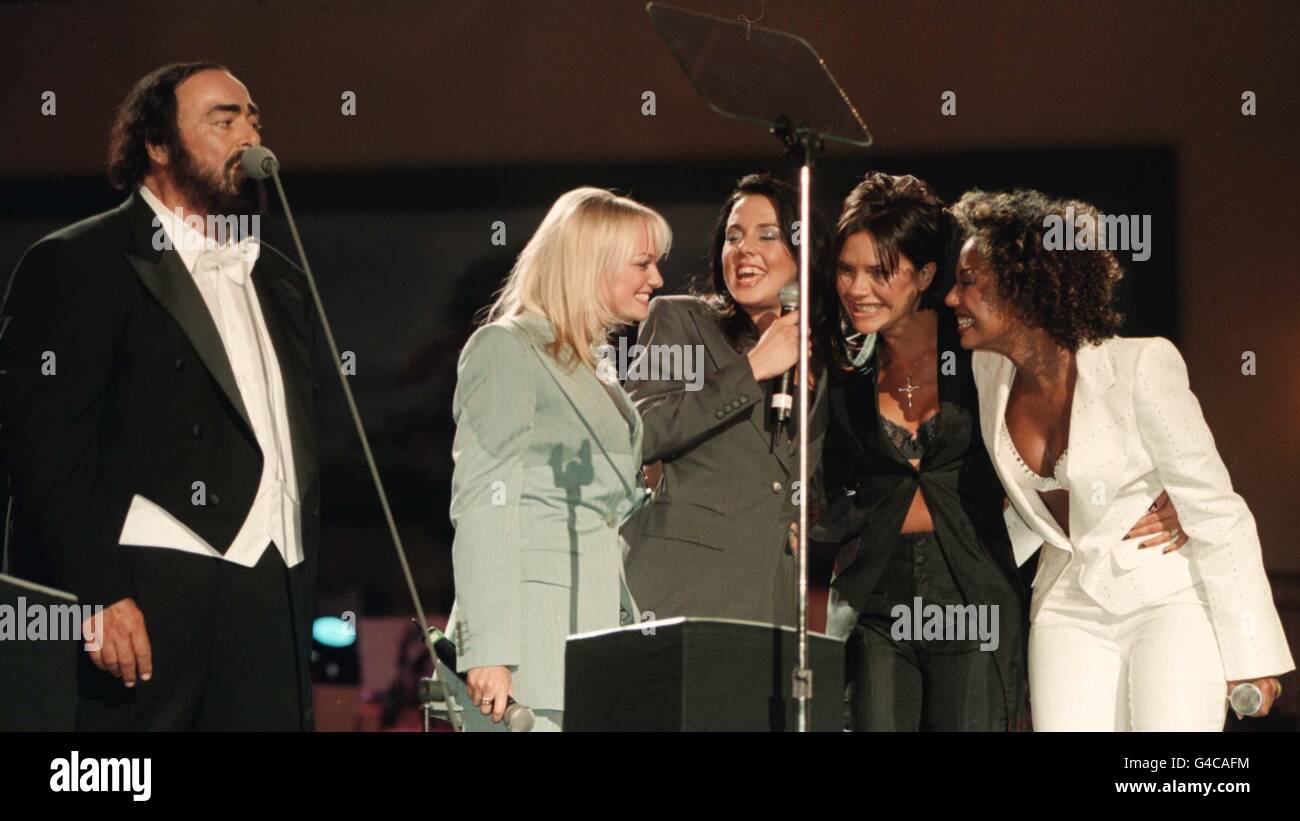 The Spice Girls and Luciano Pavarotti join together to perform in