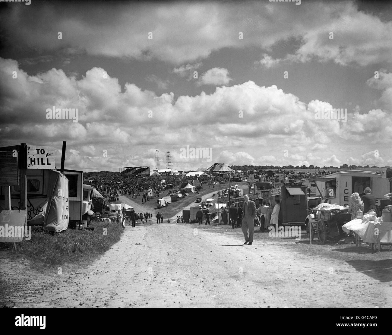 Horse Racing - 1955 Derby Festival - Epsom Downs Racecourse. General view of the tents and stall at Epsom Downs Racecourse. Stock Photo