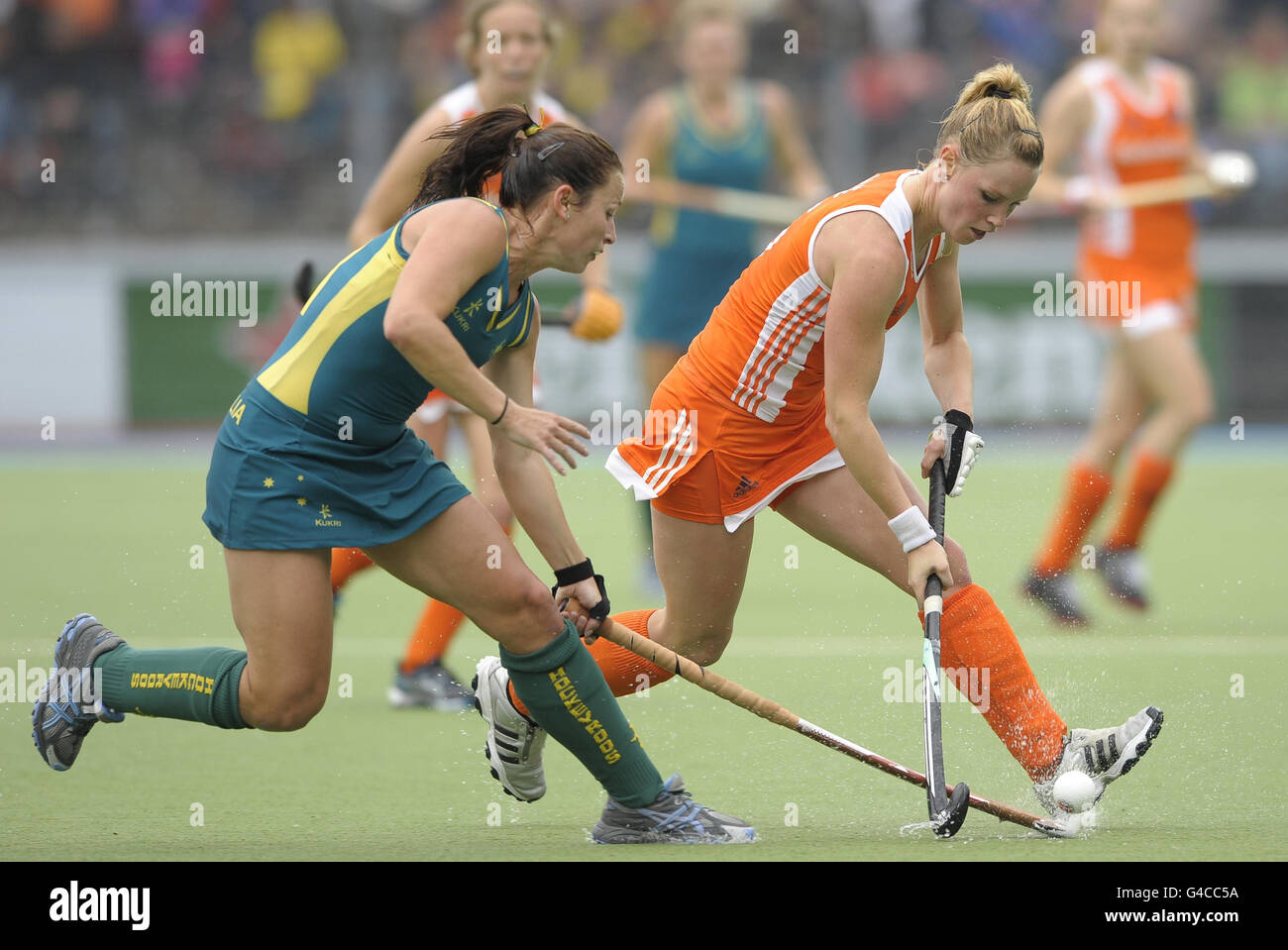 Netherland's Claire Verhage (right) is challenged by Australia's Jayde Taylor during the Rabo FIH Women's Champions Trophy match at the Wagener Stadium, Amsterdam Stock Photo