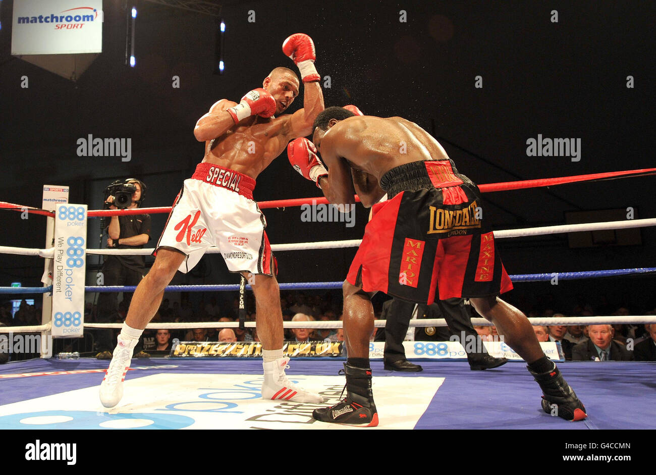 Kell Brook (left) in action during his victory over Lovemore N'Dou in the vacant WBA Inter-Continental Welterweight Title bout at Hillsborough Leisure Centre, Sheffield. Stock Photo
