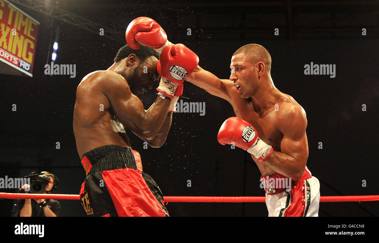 Kell Brook (right) in action during his victory over Lovemore N'Dou in the vacant WBA Inter-Continental Welterweight Title bout at Hillsborough Leisure Centre, Sheffield. Stock Photo