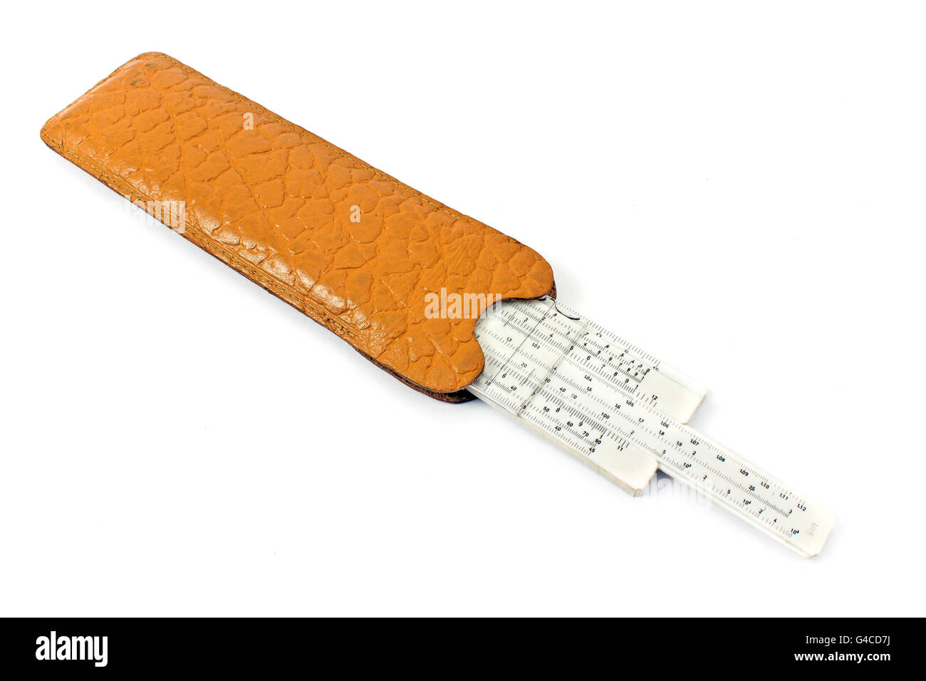 Slide rule for math calculations in leather case isolated on white Stock Photo